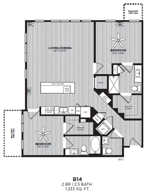 Floor plan for 2 beds, 2.5 baths, 1333 sqft